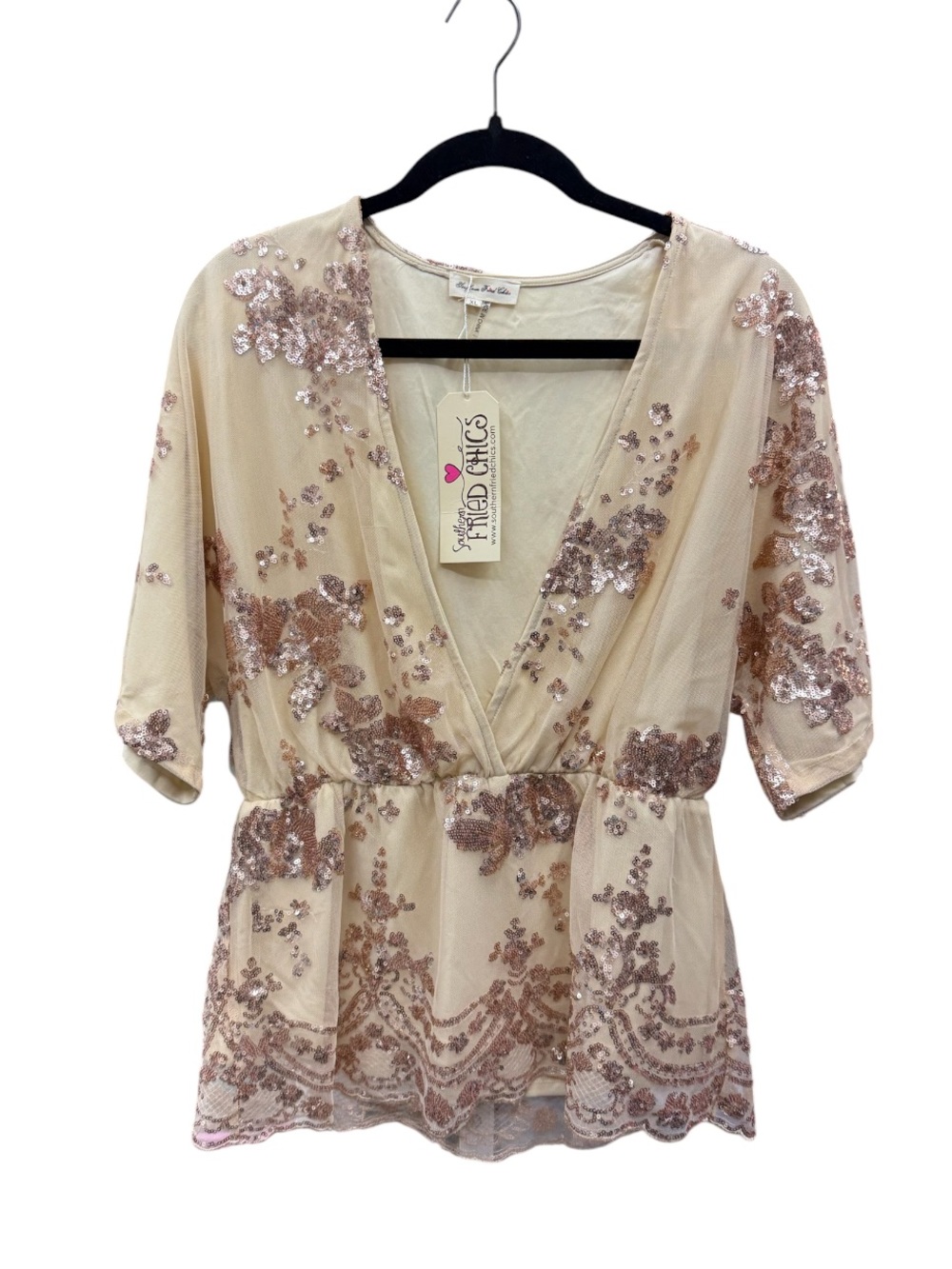 Women's Rose Gold Sequin V-Neck Blouse - Cream